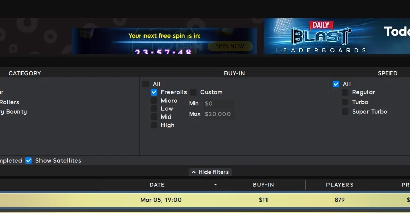 888poker lobby filtered by freeroll buy-in
