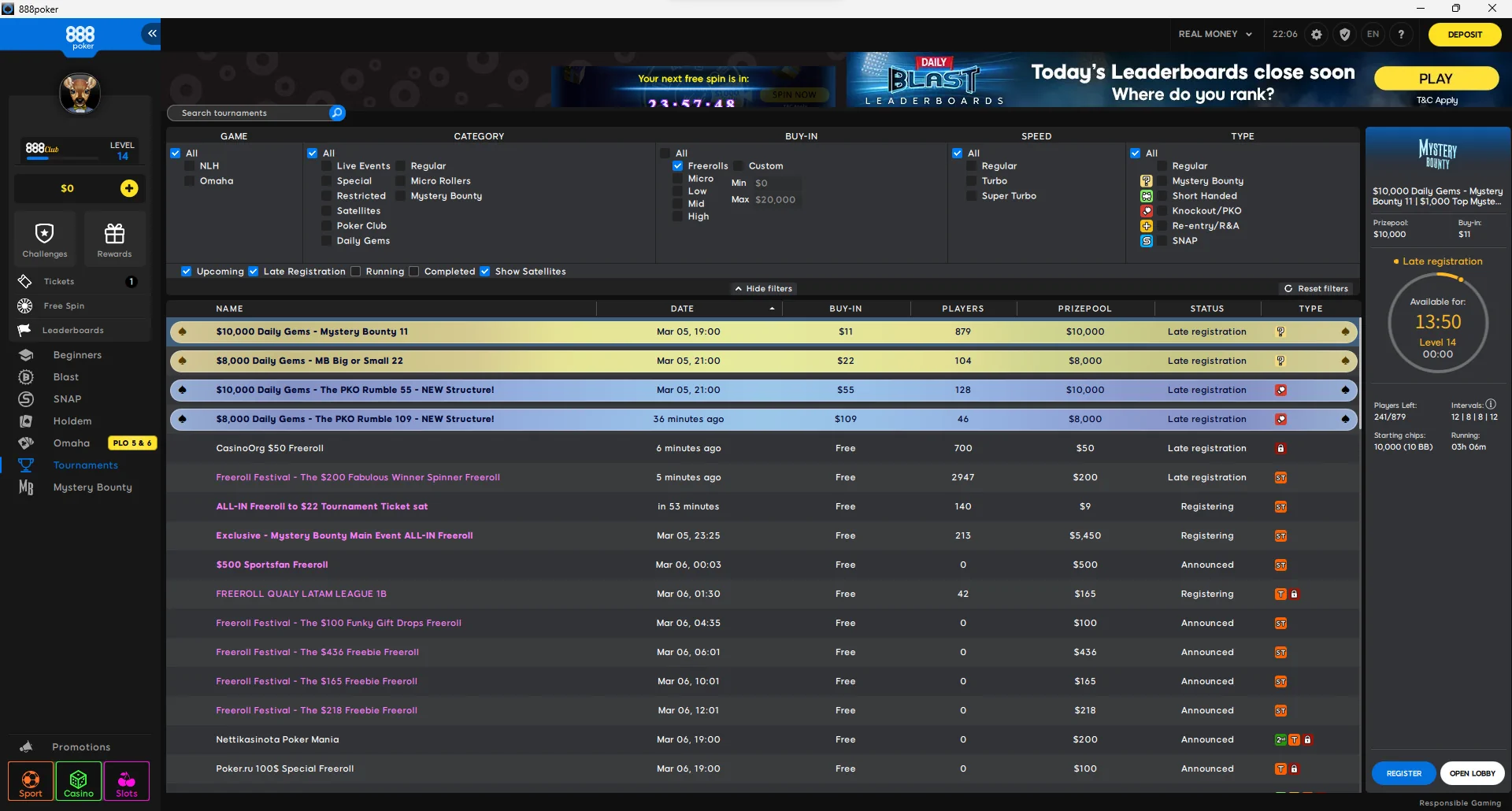 888poker tournament lobby showing freeroll list