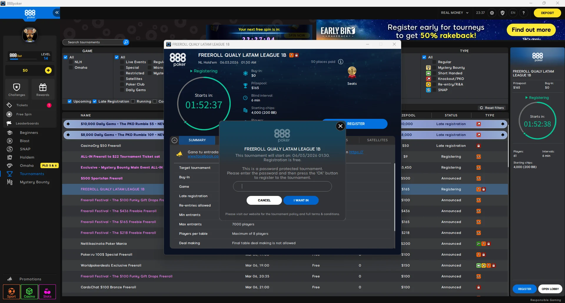 888poker freeroll password entry dialog