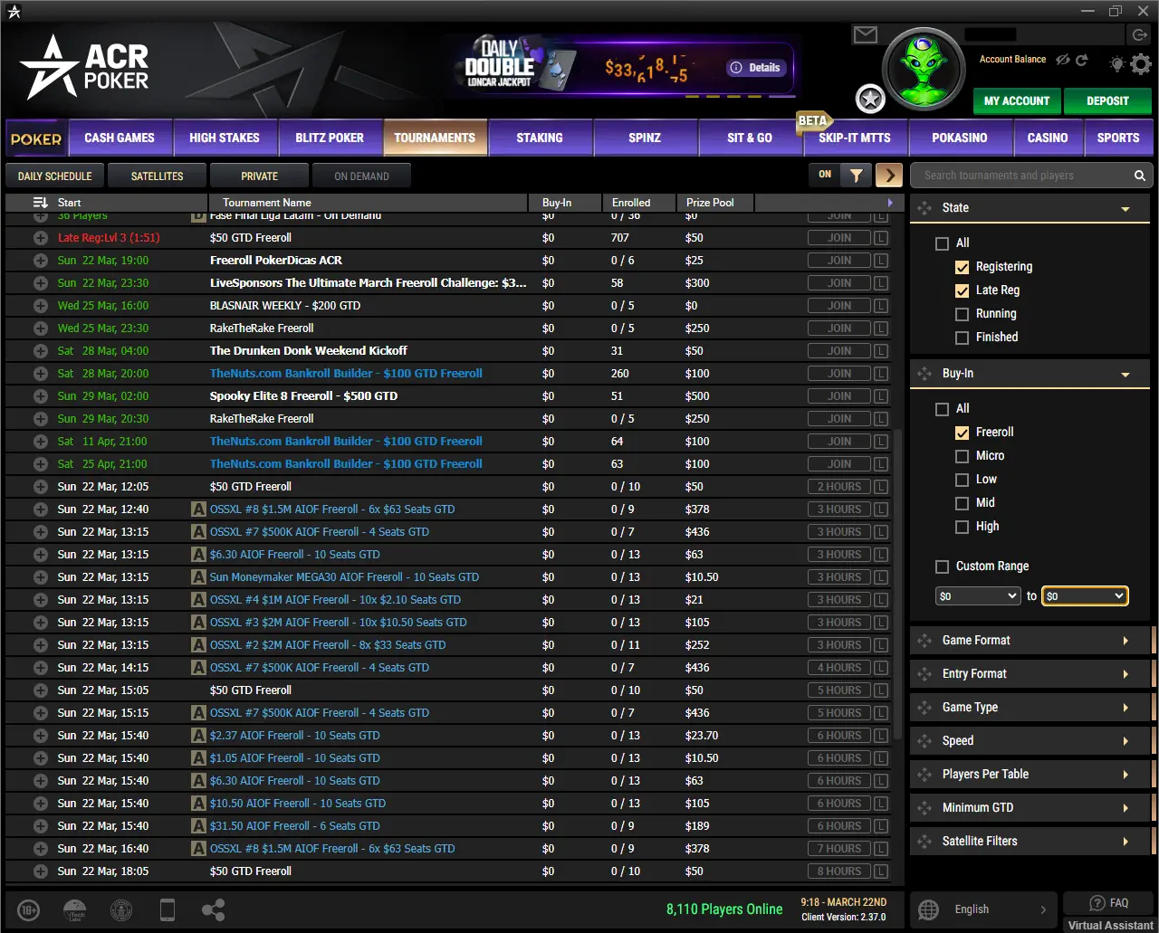 ACR Poker lobby with freerolls filter applied