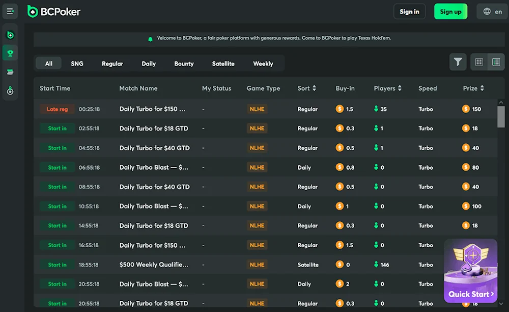 BC Poker tournament lobby with freeroll listings