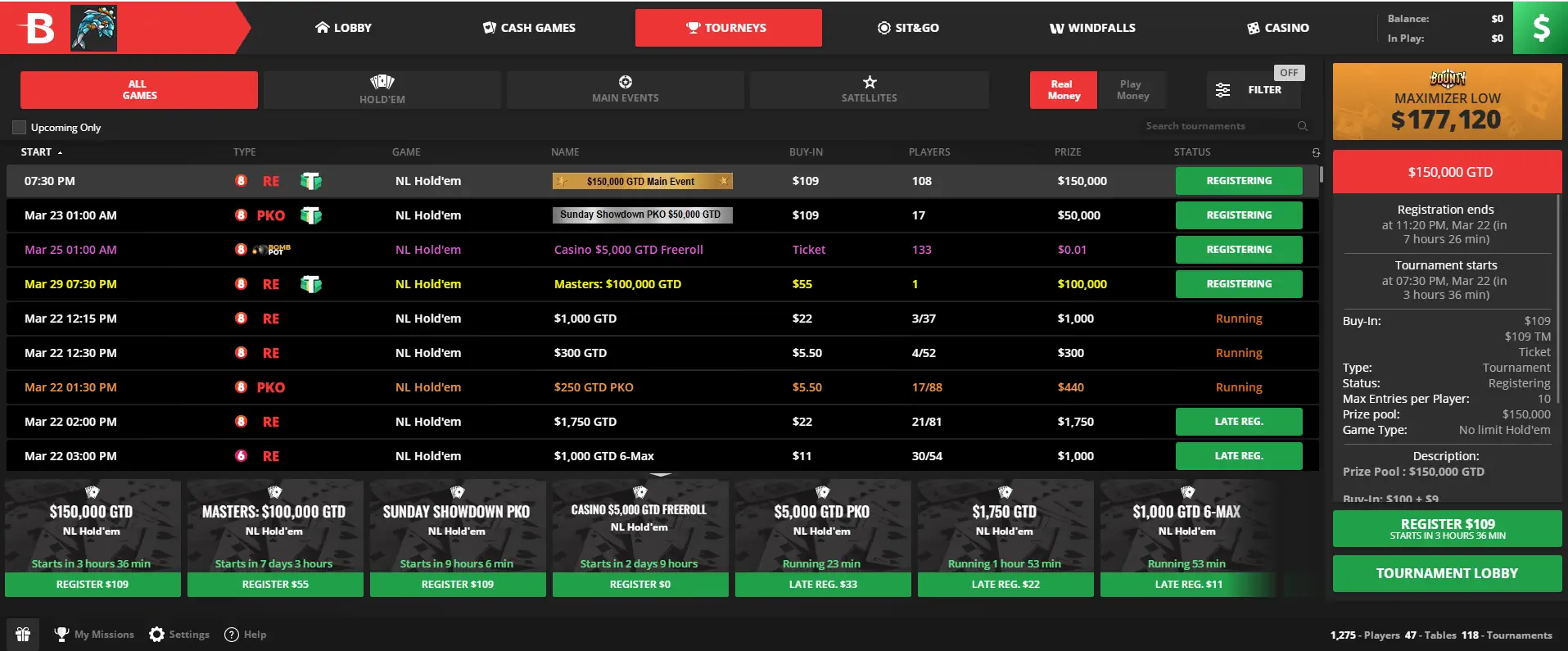 BetOnline Poker tournament lobby with freeroll listings