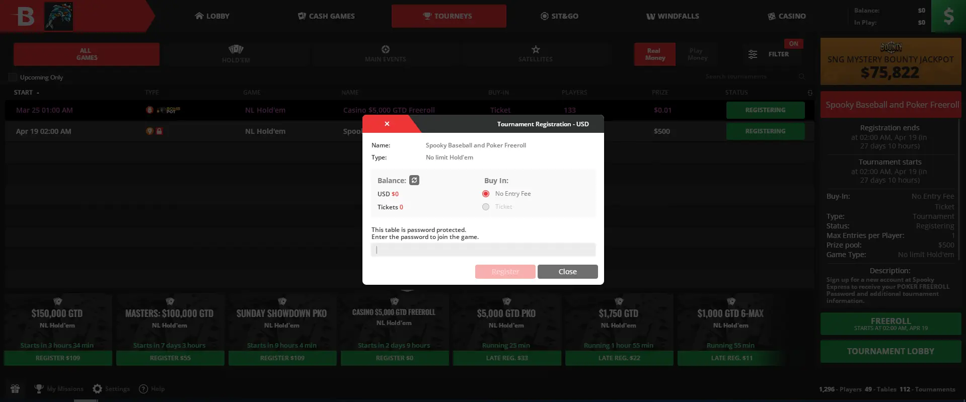BetOnline freeroll password entry screen