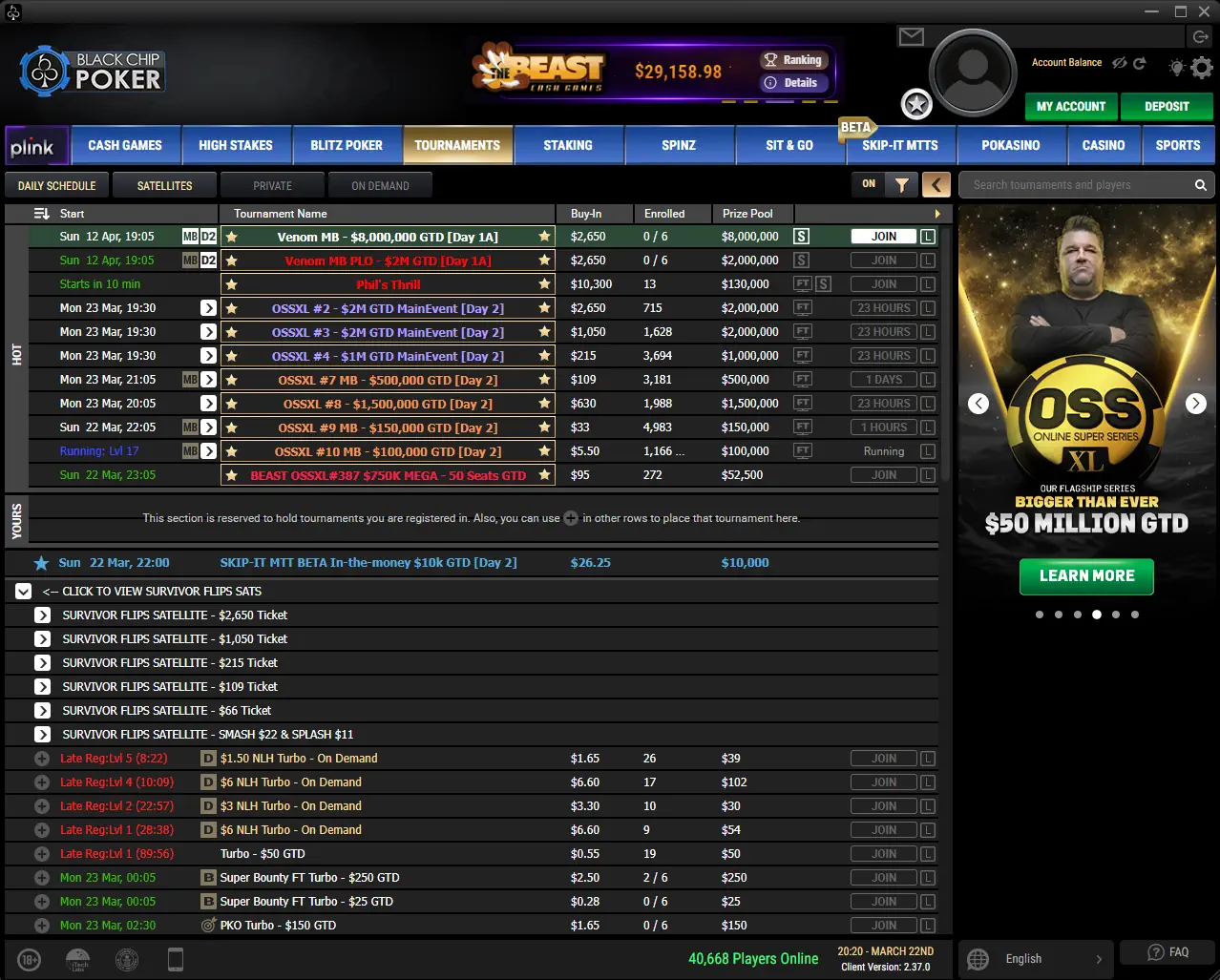 Black Chip Poker tournament lobby showing active freerolls