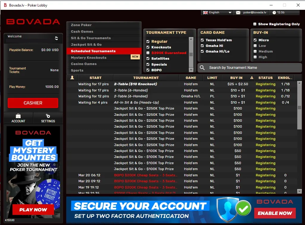 Bovada poker tournament lobby showing freeroll listings