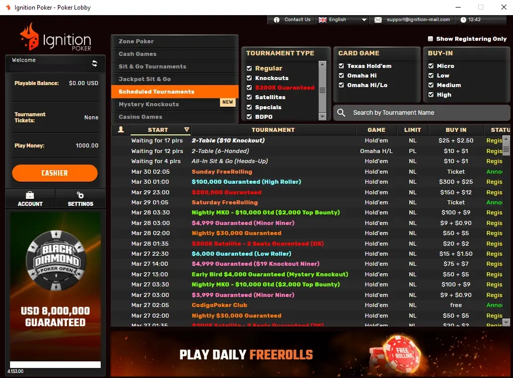 Ignition Poker tournament lobby with freeroll listings