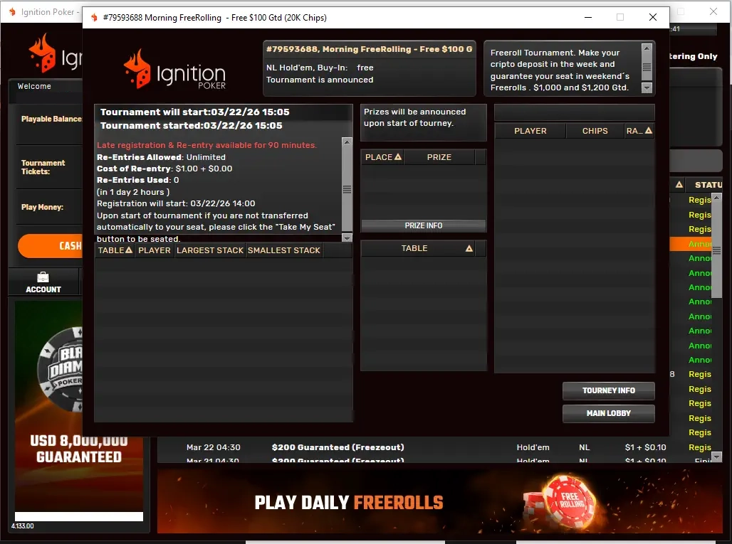 Ignition Poker freeroll password entry dialog