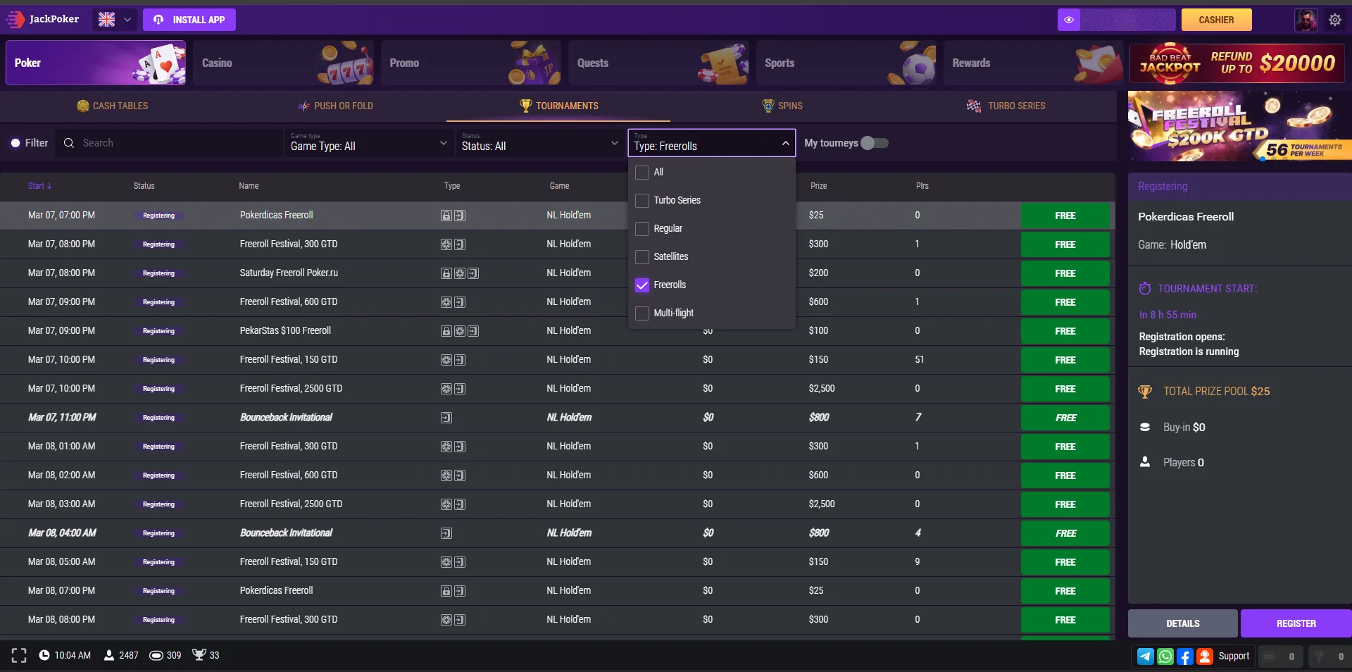 JackPoker lobby filtered to show freerolls