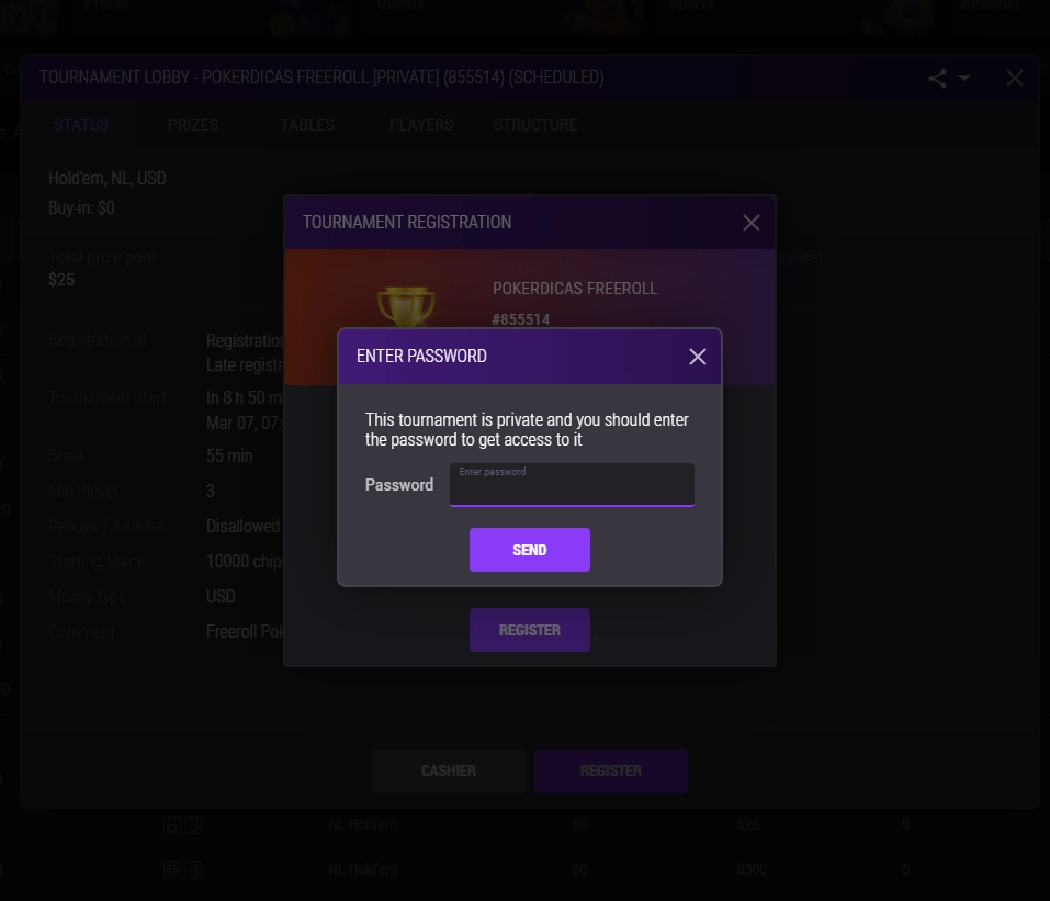 JackPoker freeroll password entry dialog