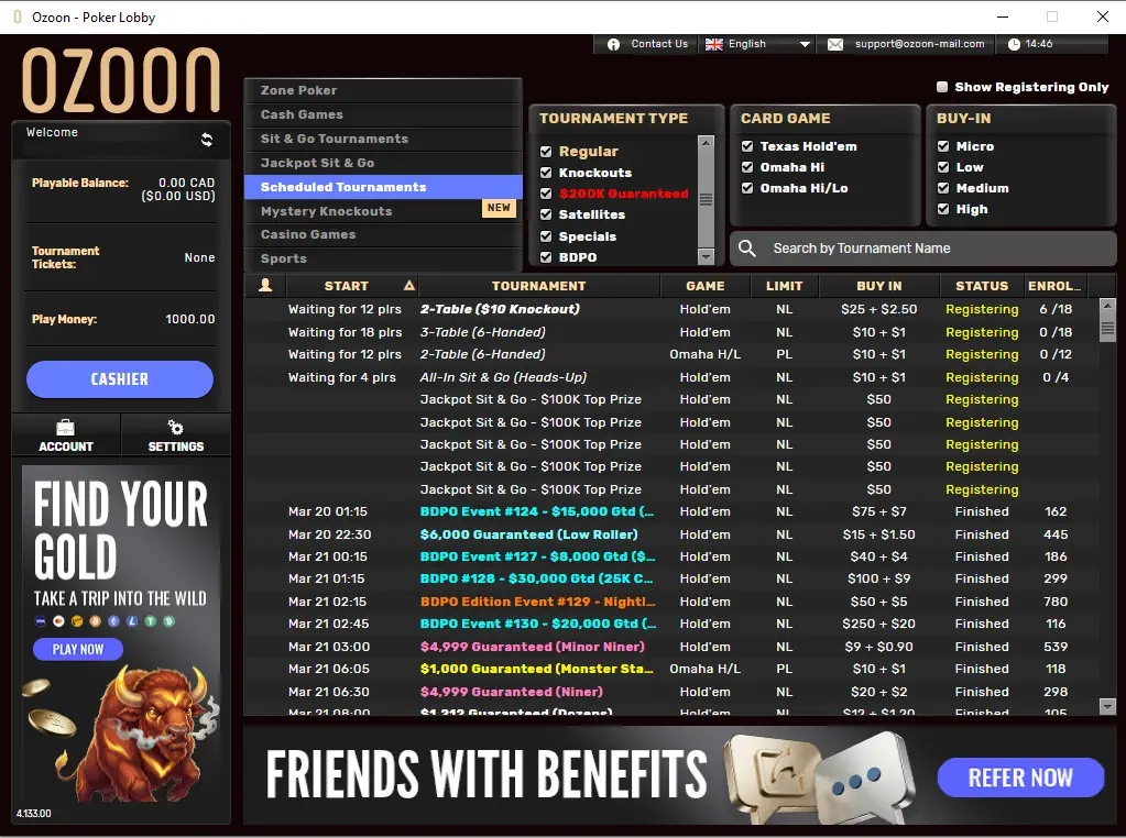 Ozoon poker room tournament lobby