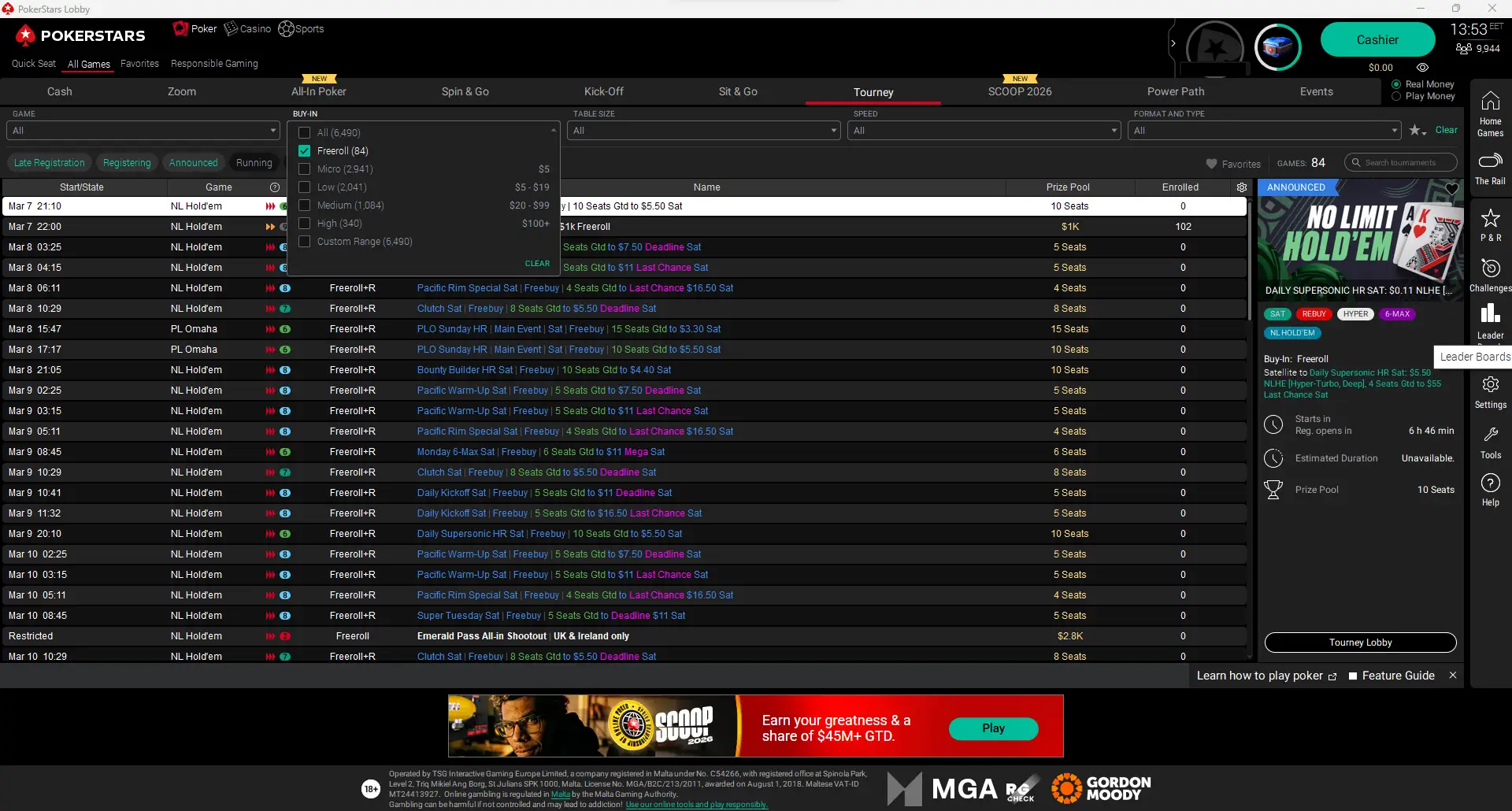 PokerStars lobby with buy-in filter set to freeroll