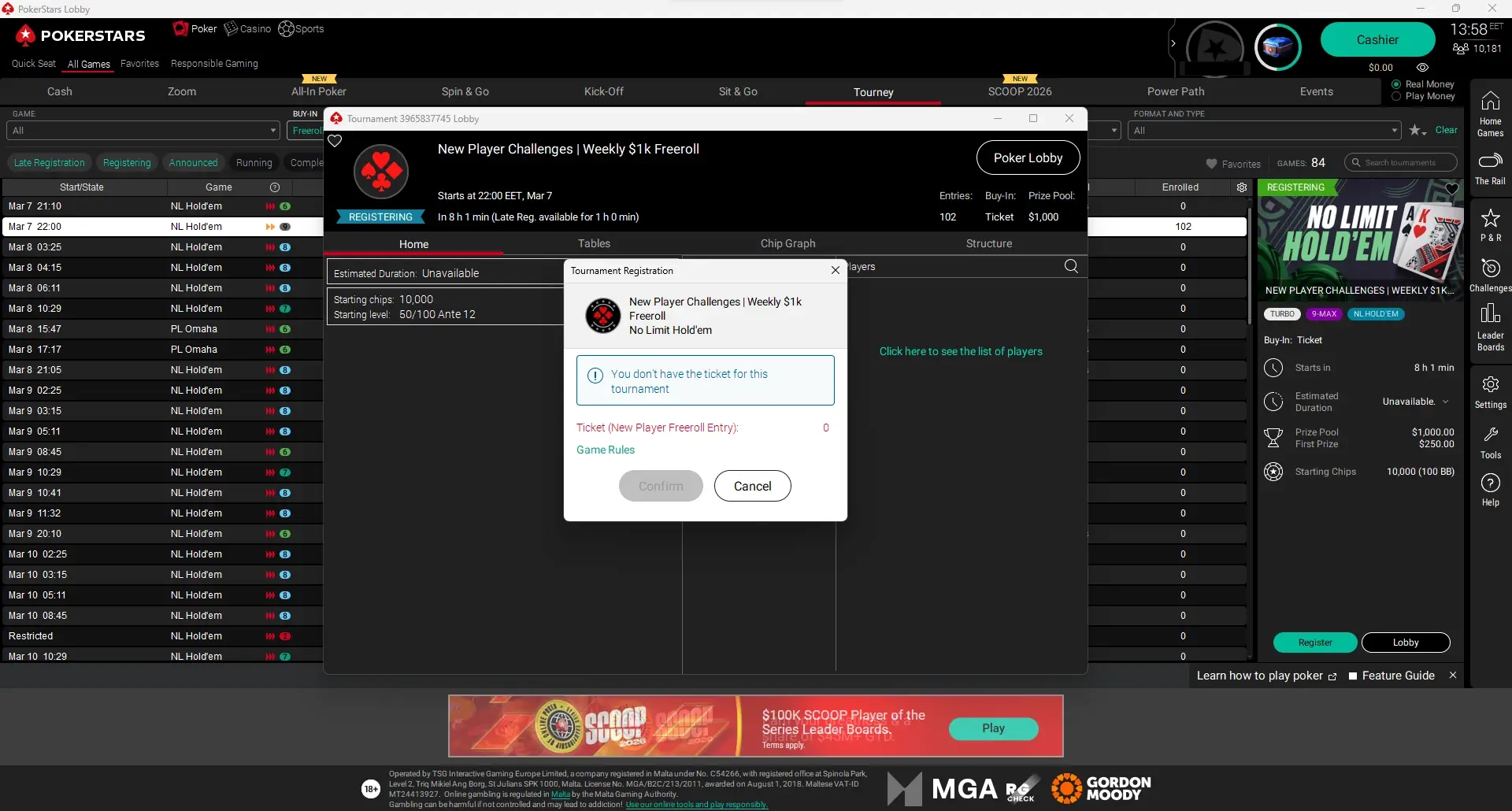 PokerStars freeroll password entry dialog