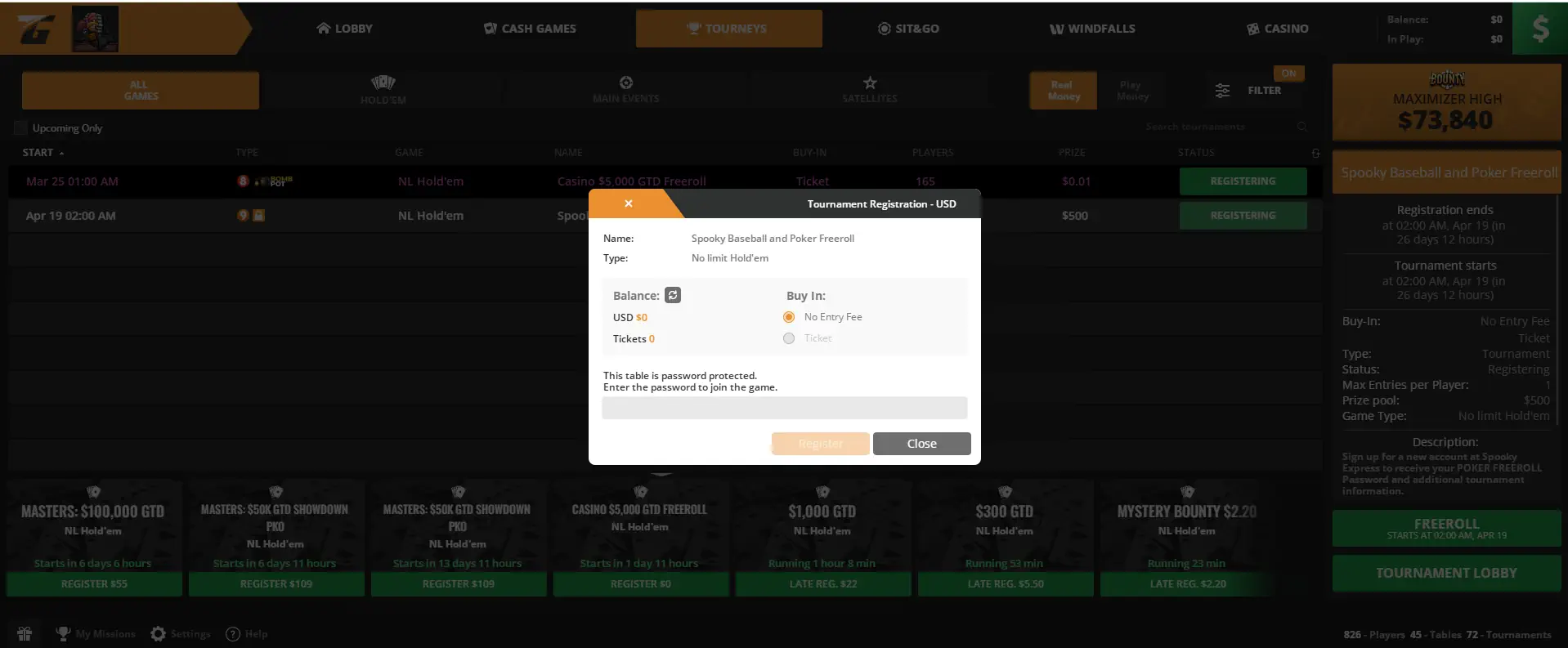 TigerGaming freeroll password entry dialog